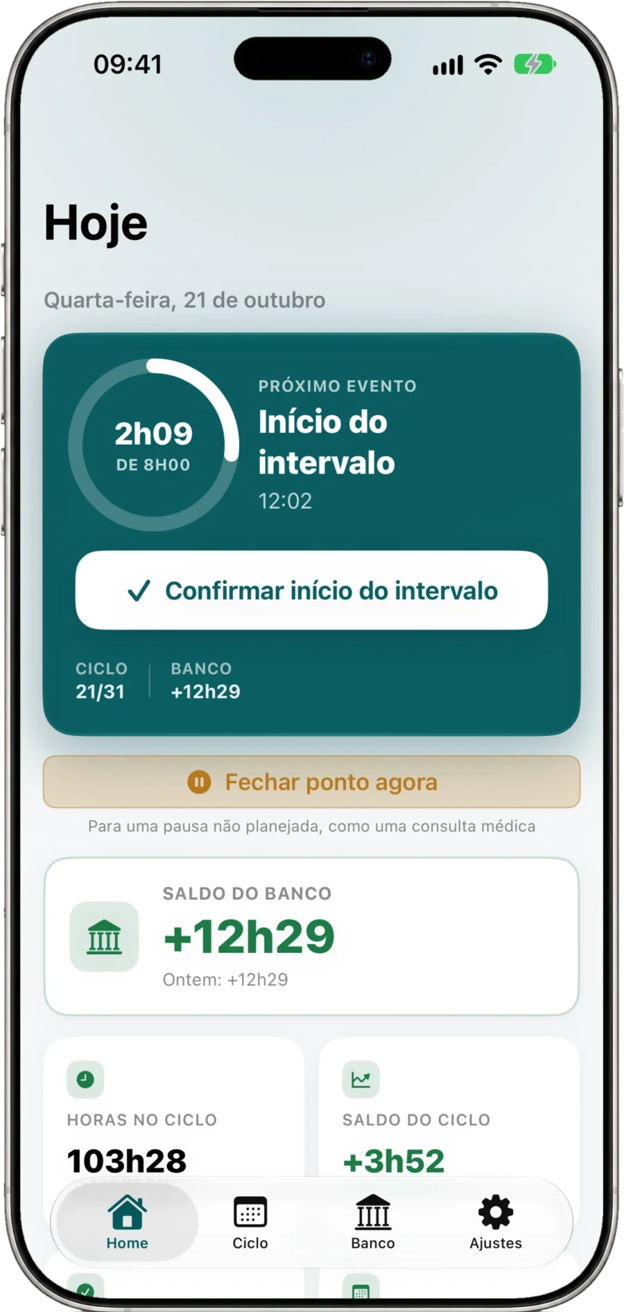 Tela Hoje do PontoCerto no iPhone, com o próximo ponto e o saldo do banco de horas