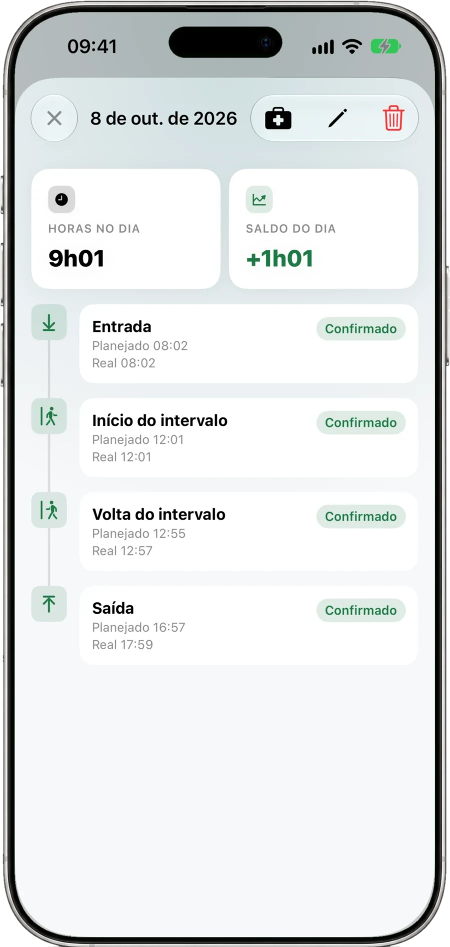 Detalhe do dia no PontoCerto, com a linha de marcações e o saldo