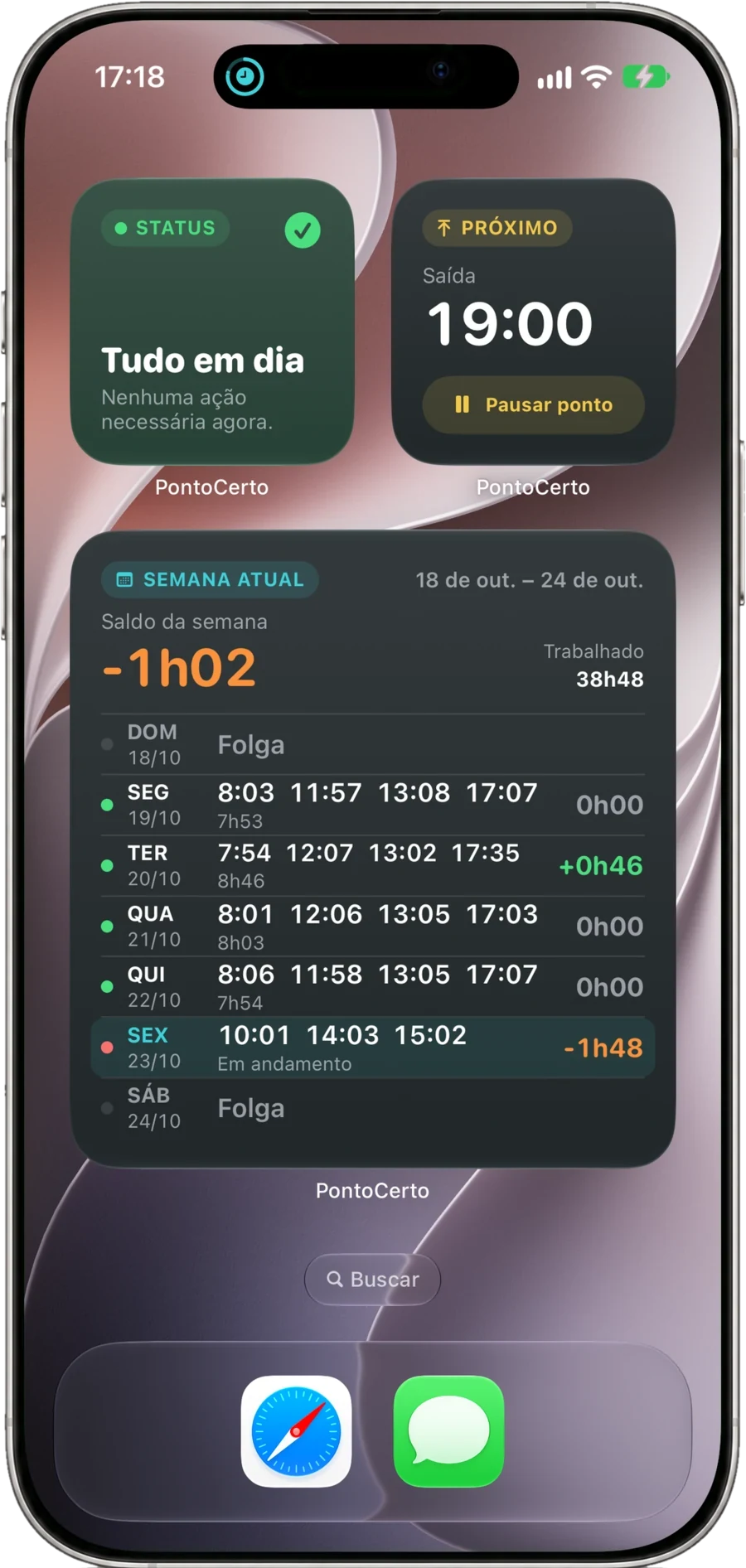 Widgets Status, Próximo ponto e Semana atual na Tela de Início