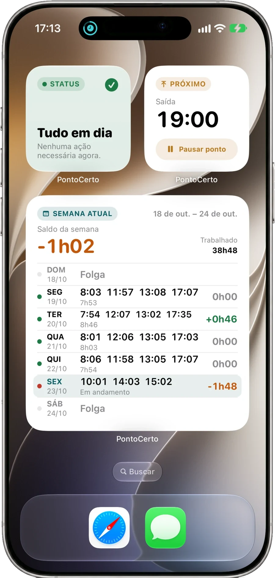 Widgets Status, Próximo ponto e Semana atual na Tela de Início