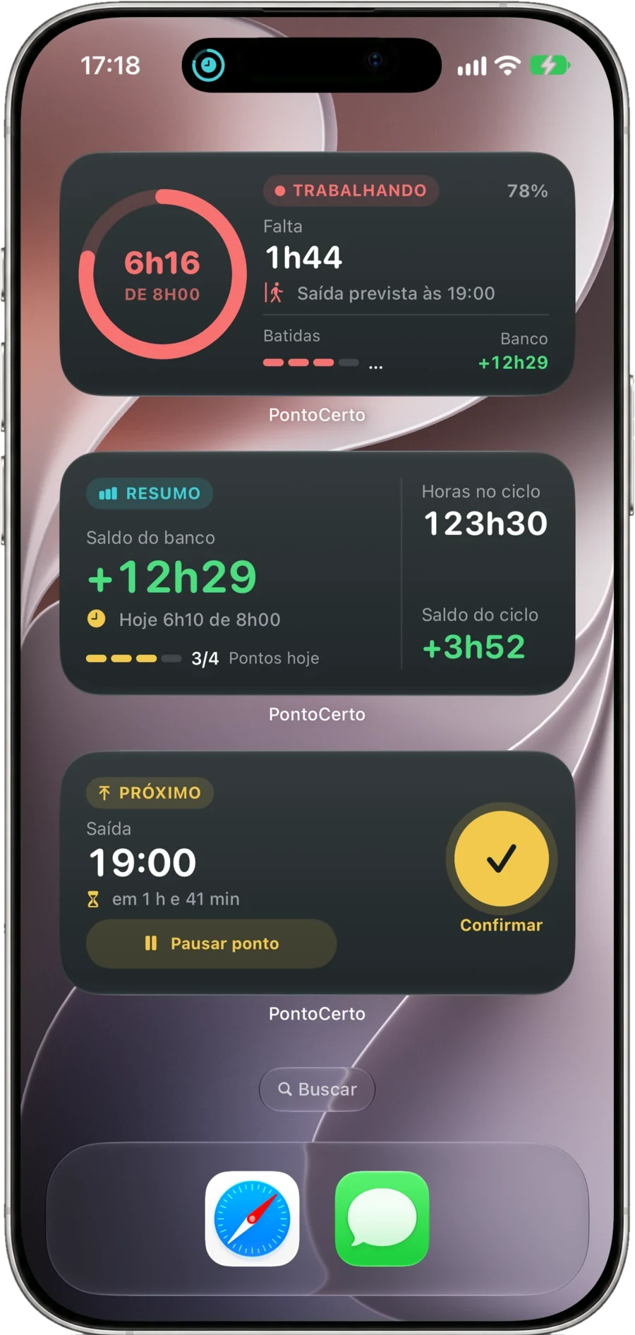 Widgets Progresso do dia, Resumo e Próximo ponto com o botão Confirmar na Tela de Início