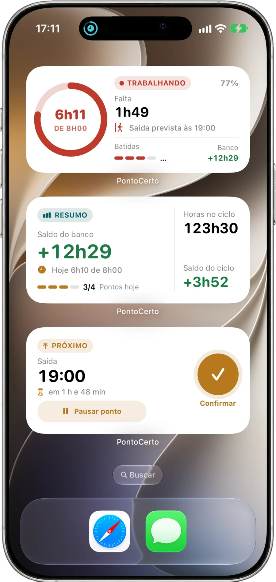 Widgets Progresso do dia, Resumo e Próximo ponto com o botão Confirmar na Tela de Início