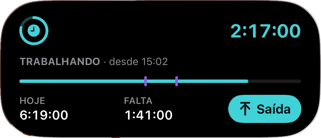 Live Activity expandida na Dynamic Island: trabalhando desde 15:02, hoje 6h19, falta 1h41 e o botão Saída