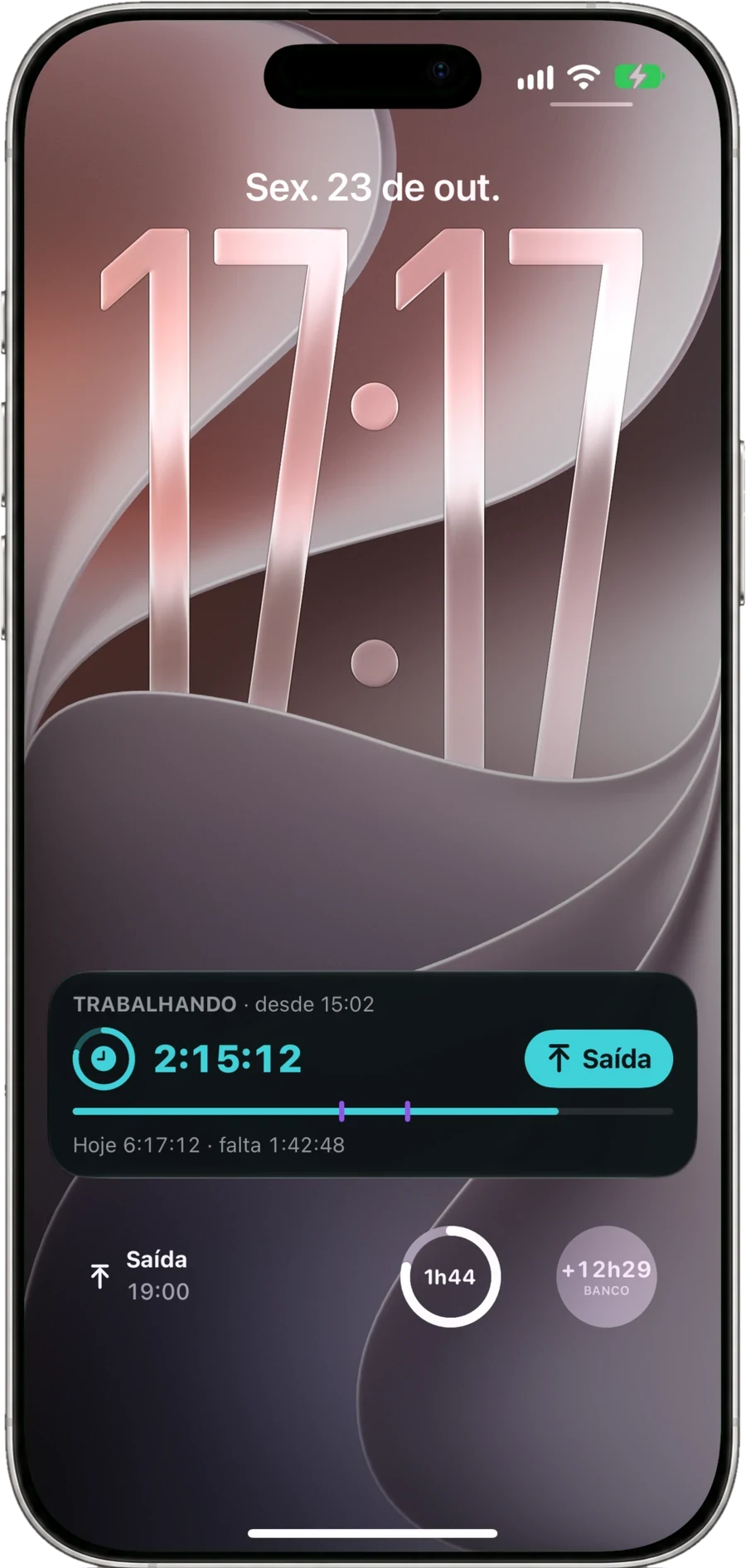 Live Activity do ponto aberto e widgets da Tela Bloqueada com a saída, o progresso e o banco